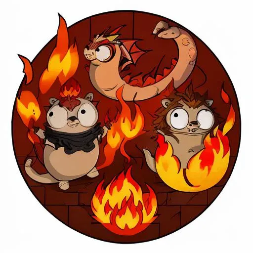 cartoon illustration of three animals in front of a fire