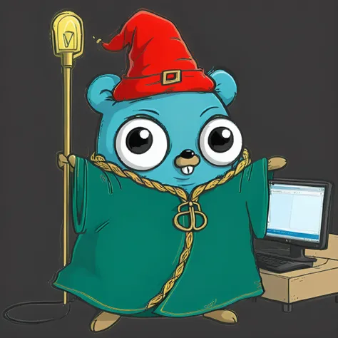 2d whimsical cartoonish drawing, gopher mascot of go programming language, background with computers and network cablesstanding ...