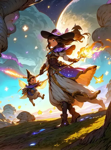 <lora:nijiexpress:0.8>,masterpiece, best quality, ultra-detailed, illustration, 1girl, solo, fantasy, flying, broom, night sky, outdoors, magic, spells, moon, stars, clouds, wind, hair, cape, hat, boots, broomstick, glowing, mysterious, enchanting, whimsic...