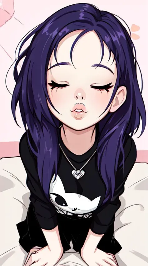 a cartoon girl with long purple hair sitting on a bed