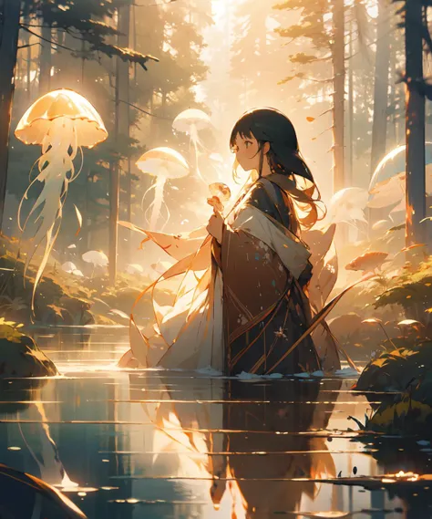 (masterpiece, best_qualiity, highres, absurdres), official art, 1girl,solo, water, lake, on back, floating, long hair, floating hair, partially submerged, film grain, <lora:FilmVelvia3:0.4>, jellyfishforest, forest, jellyfish, <lora:[LoRA] Jellyfish forest...