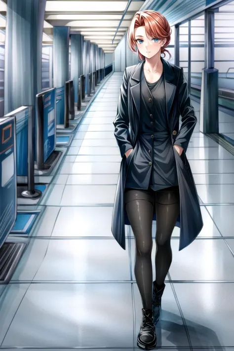 anime girl in a black coat and tights walking down a long hallway