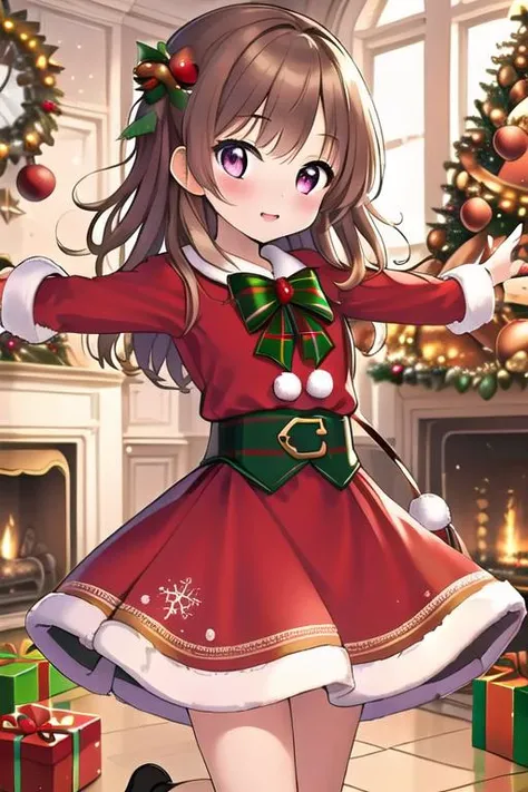 masterpiece,ultra detail,best quality,,girl,living room,stove,carpet,present box, petite,christmas,christmas tree,night,illumination,town <lora:christmas:0.8>dress,blush open arms