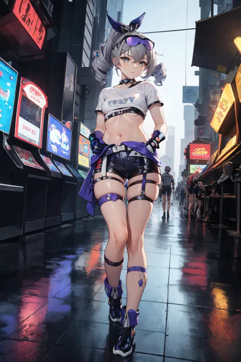 masterpiece, best quality, 1girl, (solo), extremely detailed, ((SilverWolfV4)), small breasts, grey eyes, grey hair, eyewear on head, short sleeves, shorts, black gloves, drill hair, black shorts, ponytail, cyberpunk, futuristic, arcade, walking in an arca...