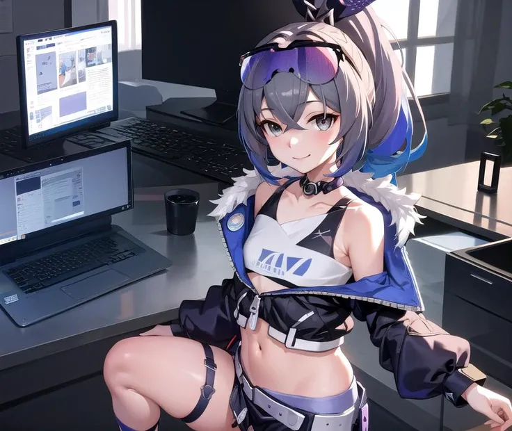 Solo, Space station, office room, anime girl, sit on chair, computer on table, table, SilverWolfV4, masterpiece, best quality, ultra-detailed, illustration, colorful, falt color, depth of field, lens flare, standing, 1girl, fingersmile, gray eyes, flat che...