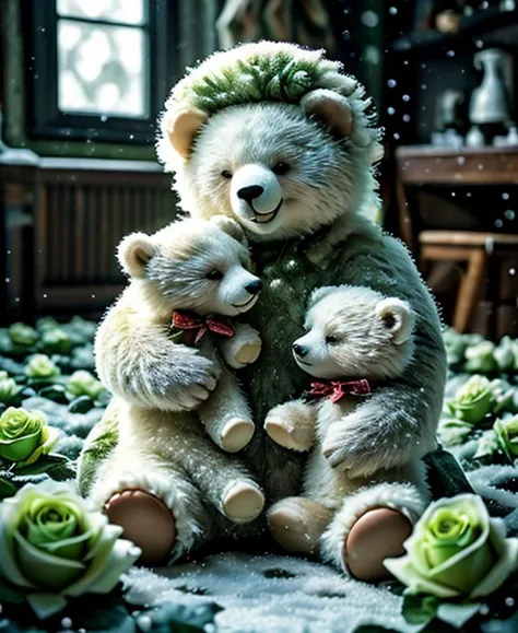 there are three teddy bears sitting on a bed of flowers