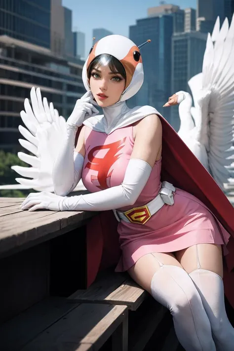 masterpiece, best quality, high quality, highres, outdoors, day, upper body, looking at viewer, solo, focused, BREAK, 
ANI_CLASSIC_jun_gatchaman_ownwaifu, jun the swan, 
1girl, breasts, lips, medium breasts, large breasts, green eyes, lipstick, makeup, eye...