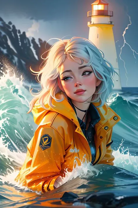 DEN_riley_rowan,
portrait of a lighthouse keeper (walking on the rocks:1.2) on a dark (stormy night:1.2) wearing a yellow raincoat in the wind, (waves crashing:1.2) into the rocks, (storm:1.2), (wind swept:1.2), (gale:1.1), (tsunami:1.1), lighthouse, (nigh...