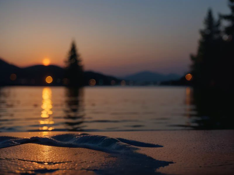 a blurry photo of a sunset over a body of water,nighttime!, tucked out of view magic happens, early morning sunrise, (natural skin texture, hyperrealism, soft light, muted colors),