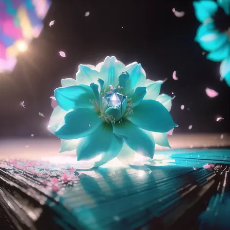 photoreal+, photorealistic+, (large yellow flower falling)++ on the table, blossom flies down in the air, 1flower, solo, flower petals scattered around, (macro photography), dramatic lighting, atmospheric, vaporwave, diamond dust bokeh, freeze frame