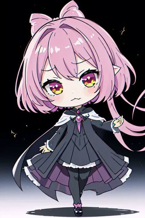 (Earth-QualityPos, Best_QualityPos,  CelShade), (chibi, super deformed, huge head, kawaii:1.2), evil corrupted princess wearing dark pastel (ruffled:1) (gleaming:1) gown with (full body latex vampire cape:1) and (shiny transparent sleeves:1.2), soft lighti...