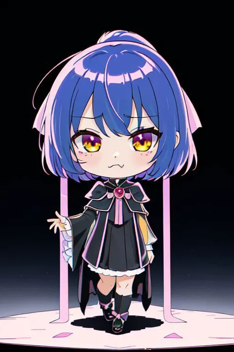 (Earth-QualityPos, Best_QualityPos,  CelShade), (chibi, super deformed, huge head, kawaii:1.2), evil corrupted princess wearing dark pastel (ruffled:1) (gleaming:1) gown with (full body latex vampire cape:1) and (shiny transparent sleeves:1.2), soft lighti...