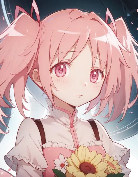 anime girl with pink hair and pink eyes holding a flower