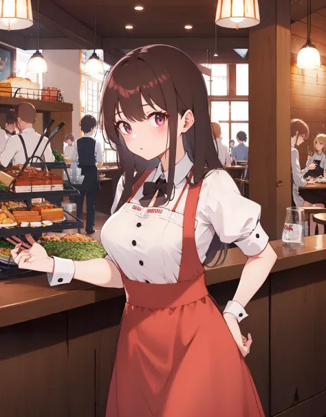 anime girl in a restaurant serving food to a group of people