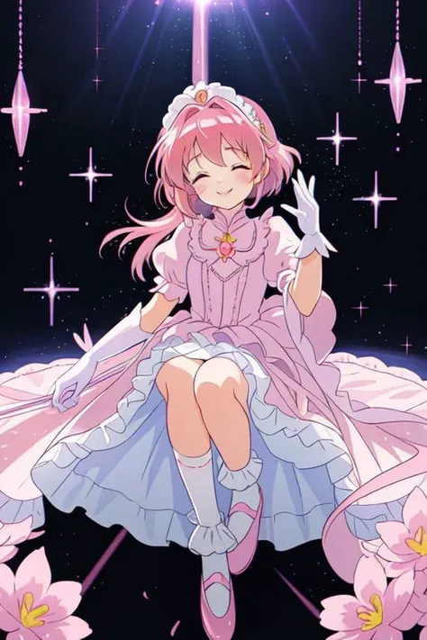 Earth-QualityPos, Best_QualityPos, CelShade, kawaii, cute, (Carcaptor Sakura:1.1), pastel (ruffled:1) (glossy:1) maid dress, lace maid gloves, (shiny glossy translucent clothing:1.1), soft lighting, (Mary Janes shoes:1), ruffles, (bobby socks:1), (big happ...