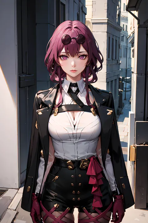 <lora:kafka-v1.1:1>, kafka, purple hair, purple eyes, no pupils, large breasts, eyewear on head, belt shirt, jacket, shorts, uneven legwear, gloves, 