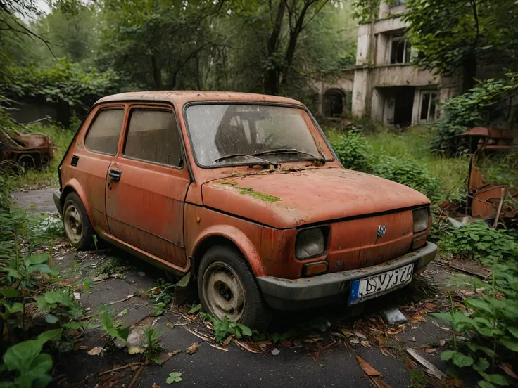 an old rusted car parked in a overgrown area in a wooded area