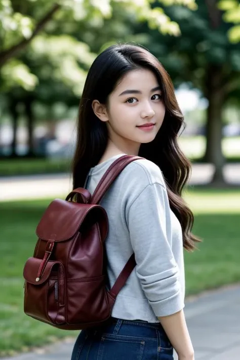 a woman with a backpack is standing on a sidewalk