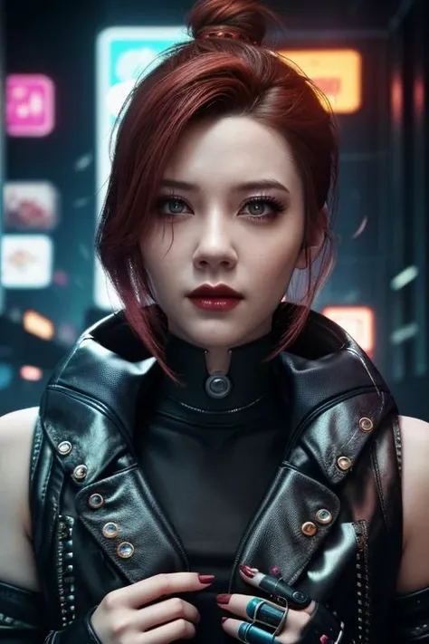 1girl,(cyberpunk wildling:1.2),edgy and futuristic outfit with cyber enhancements,bold and rebellious hairstyle,fierce and determined expression,neon-lit cyberpunk city background with towering skyscrapers,holographic billboards,and a gritty urban atmosphe...