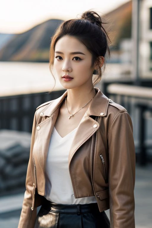 a woman in a brown jacket and black skirt standing on a sidewalk