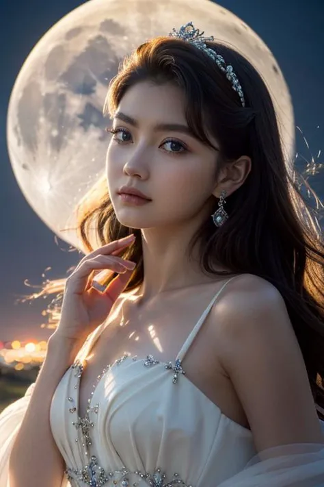 ((best quality)), ((masterpiece)), (detailed), portrait of the Moonlight Queen, ageless and ethereal, adorned in a flowing lunar gown that shimmers like moonlight, intricate lunar diadem with celestial gemstones, serene expression with eyes reflecting the ...