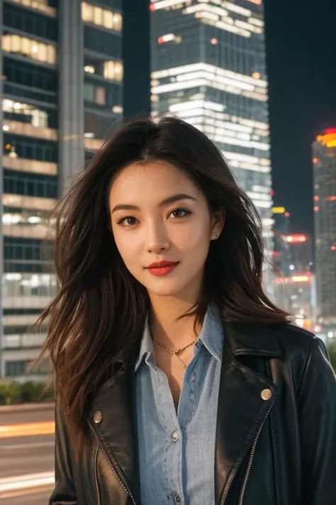 1girl,(city beauty:1.2),stylish and urban-chic attire,fashionable hairstyle,confident and charismatic expression,cityscape background with skyscrapers,bustling streets,and city lights,evening setting with urban glow,(exploring the city:1.2),close-up shot,c...