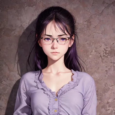 realistic photo, masterpiece, highest quality, detailed face and eyes, by ralph bakshi, by range murata, Katsuhiro Otomo, soft lighting, full shot, 
1girl, purple eyes, white blouse, pleated skirt, black hair, hair bun, messy hair, pale skin, purple eyes, ...