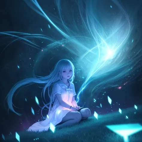 ((((ultra illustrated style:1.0)))),best quality,best animated,masterpiece,ray tracing, global illumination,blue theme, 1girl, long hair, sitting, solo, dress, fantasy, glowing, scenery, light particles, ahoge<lora:blue theme:1>