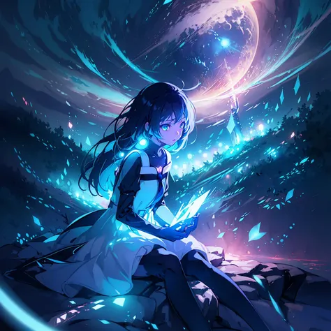 ((((ultra illustrated style:1.0)))),best quality,best animated,masterpiece,ray tracing, global illumination,blue theme, 1girl, long hair, sitting, solo, dress, fantasy, glowing, scenery, light particles, ahoge<lora:blue theme:1>