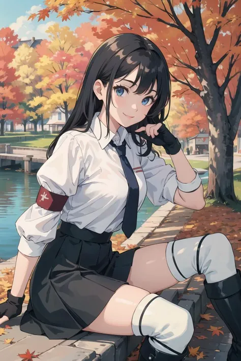 masterpiece, best quality, 1girl,   blue necktie, white shirt, puffy sleeves, fingerless gloves, black skirt, armband, knee pads, black boots, sitting, from side, looking at viewer, smile, village, autumn