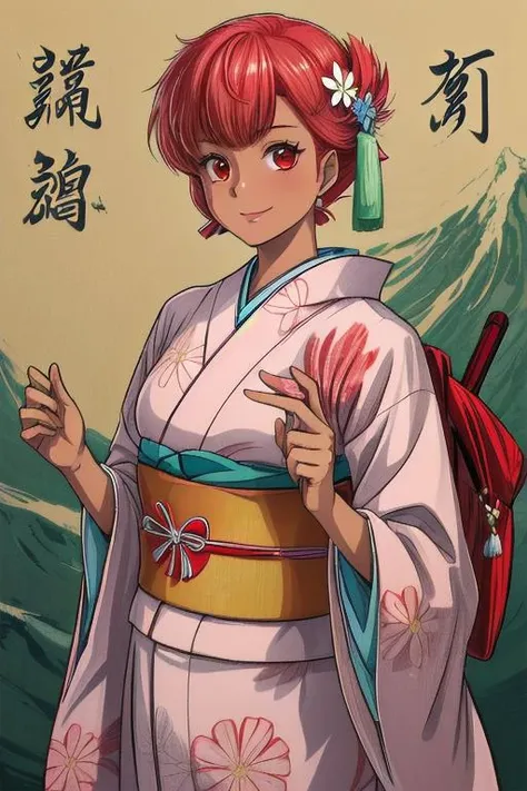 1girl,kimono,japanese clothes,solo,pink kimono,smile,looking at viewer,obi,sash,bangs,bag,new year,dated,floral print,blunt bangs,holding,hair ornament, <lora:Kei(DP):0.9>, dpkei,short hair,red hair,red eyes,dark skinned female,, masterpiece, best quality,...