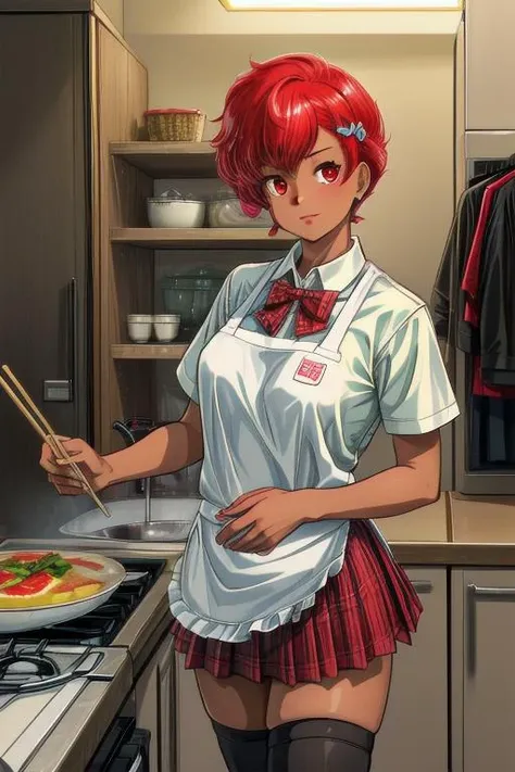 1girl,solo,skirt,chopsticks,thighhighs,apron,indoors,black thighhighs,looking at viewer,shirt,bow,holding,frying pan,plaid,plaid skirt,school uniform,pleated skirt,white shirt,red skirt,cooking,incoming food,holding chopsticks,bangs,food,omelet,collared sh...