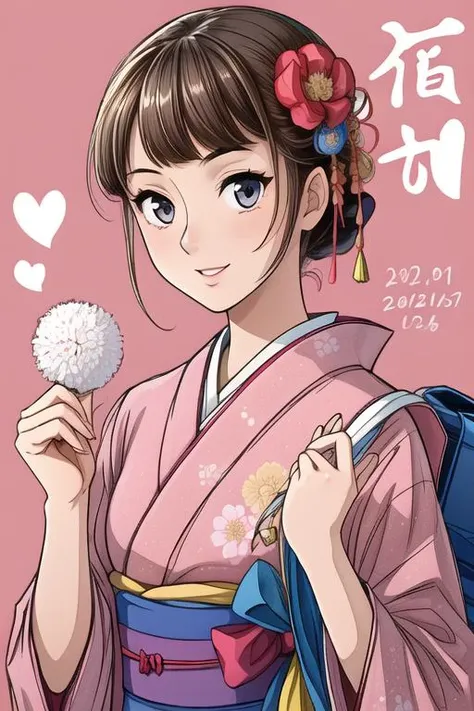 1girl,kimono,japanese clothes,solo,pink kimono,smile,looking at viewer,obi,sash,bangs,bag,new year,dated,floral print,blunt bangs,holding,hair ornament, <lora:akitsuV1:0.8>, akitsu,, masterpiece, best quality,masterpiece,best quality,<lora:clothing details...