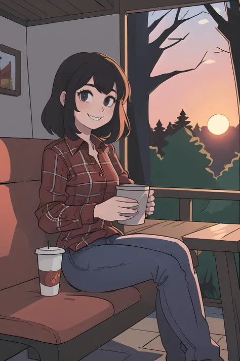 (masterpiece, best quality), thick outlines, 1girl, adult woman, smile, sitting, red plaid shirt, jeans, holding a cup, house in a forest, sunset, outside, hard lighting, deep shadows