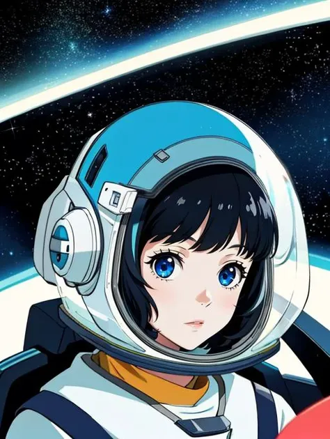 a girl astronaut exploring the cosmos, floating among planets and stars, high quality detail, , anime screencap, studio ghibli style, illustration, high contrast, masterpiece, best quality