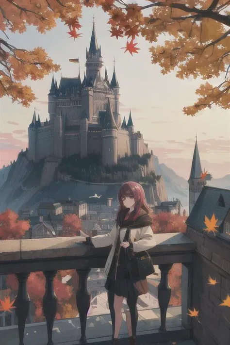 1girl, on balcony, looking at viewer, a castle in the distance, bird eyes view, autumn, architecture, birds, people, scenery, towers, trees, sunny, day, far away view, Direct light, Selective focus, ((illustration)), perfect details, light particles, chrom...