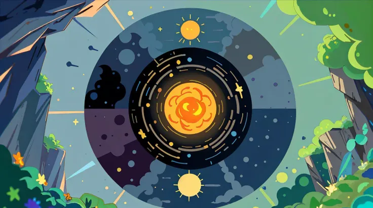 a close up of a cartoon of a sun and planets