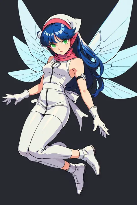 (masterpiece, best quality), 1girl,  <lora:zs_PixieDS:1> pixieds, blue hair, wings, gloves, green eyes, fairy, long hair, scarf, dress, white pants, white footwear