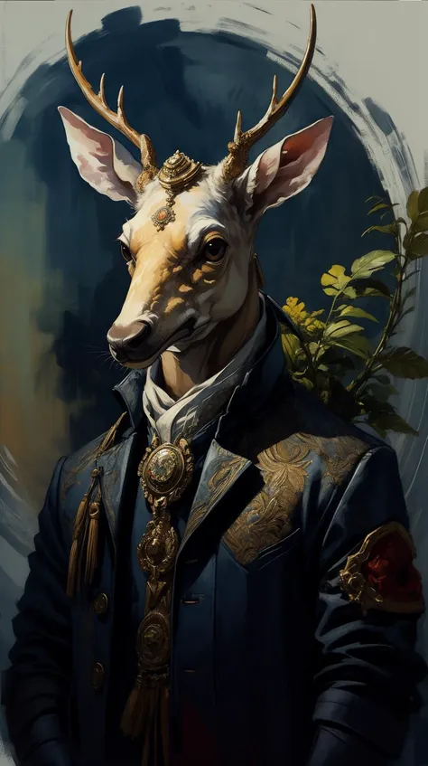 painting of a deer with a suit and tie and a flower