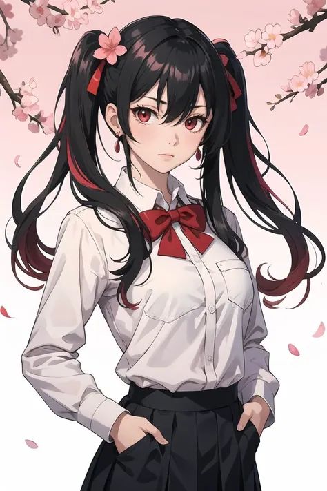 cowboy shot,1girl,solo,shirt,bow,bowtie,black hair,long hair,skirt,twintails,red eyes,jewelry,earrings,white shirt,hair flower,l...