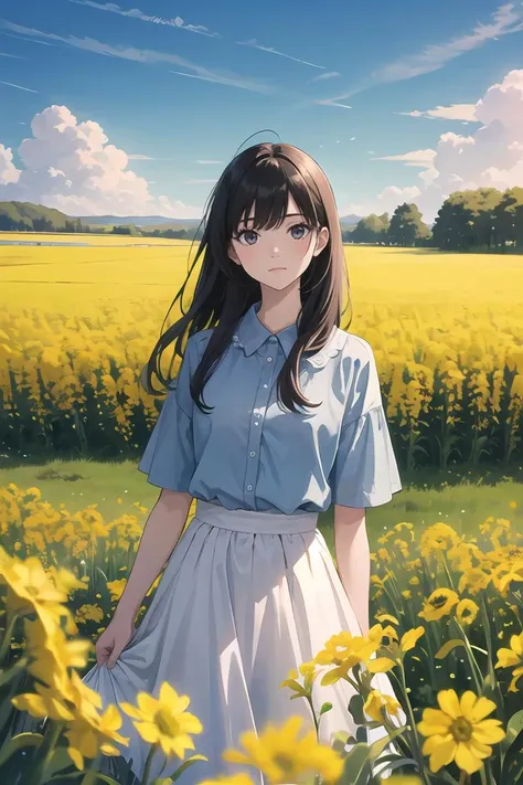 a woman standing in a field of yellow flowers