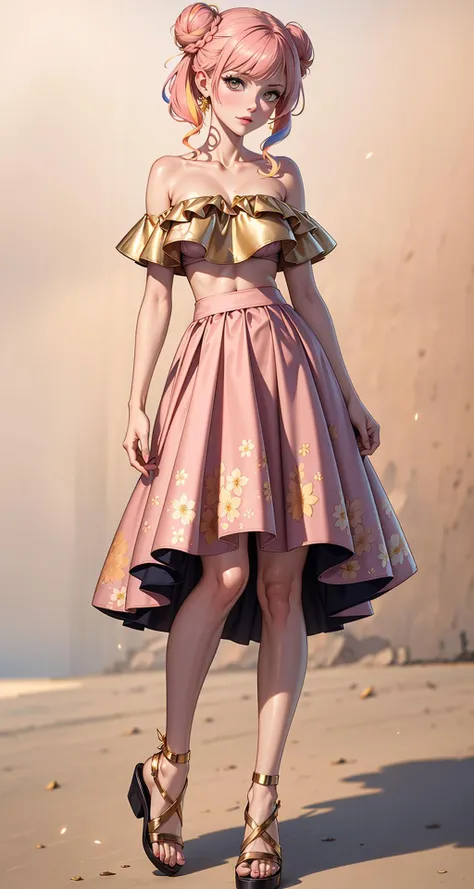 rfamport,Female,woman  Off-the-Shoulder Crop Top in Blush Pink, A-line Skirt in Floral Print, Strappy Sandals in Nude,Tucked Bun hairstyle (Forgotten Gold,Finn color background:1.3),  <lora:rfamport:0.8>
