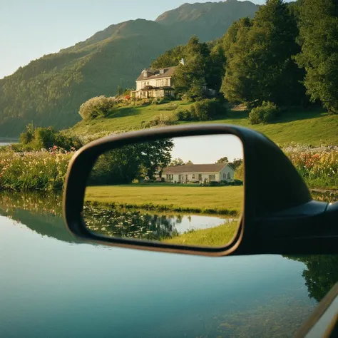 UHD, 4k, ultra detailed, cinematic, a photograph of Kodak Image of  <lora:Film Grain style:1> high image noise:1.2 high image Grain:1.2 Kodak Gold 200
Film grain still image of a car mirror with a view of a lake and a house,flower,outdoors,water,tree,no hu...