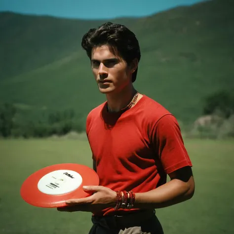 cinematic film still of  <lora:Film Grain style:1> noise:4 Grain:4
Film grain still image of a man in a red shirt is holding a frisbee,solo,shirt,black hair,1boy,jewelry,upper body,short sleeves,male focus,bag,bracelet,profile,bandages,black background,red...