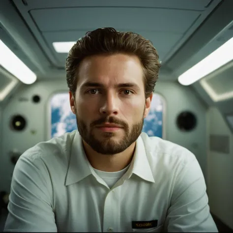 UHD, 4k, ultra detailed, cinematic, a photograph of Kodak Image of  <lora:Film Grain style:1> high image noise:1.2 high image Grain:1.2 Kodak Gold 200
Film grain still image of a man in a white shirt is sitting in a space station,solo,looking at viewer,1bo...