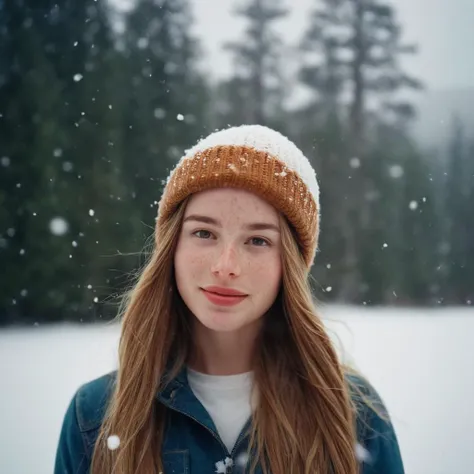 cinematic film still of  <lora:Film Grain style:1> high image noise:1.2 high image Grain:1.2
Film grain still image of a woman with a hat on standing in the snow,1girl,solo,long hair,looking at viewer,smile,blonde hair,brown hair,hat,twintails,closed mouth...