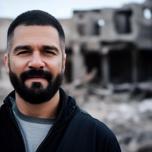 a close up of a man with a beard standing in front of a building