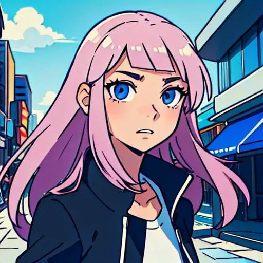 anime girl with pink hair and blue eyes standing in a city