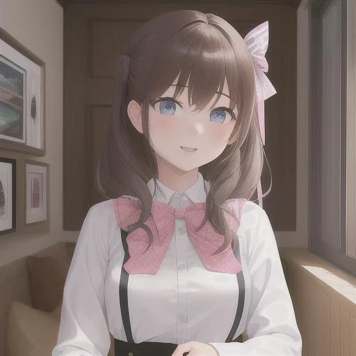 anime girl with brown hair and pink bow tie standing in a room