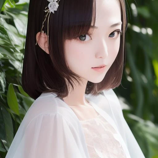 a close up of a woman with a white dress and a flower headband